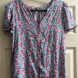 Loft Blouse Women’s Size M Pink White Paisley Flutter Sleeve Keyhole Spring
